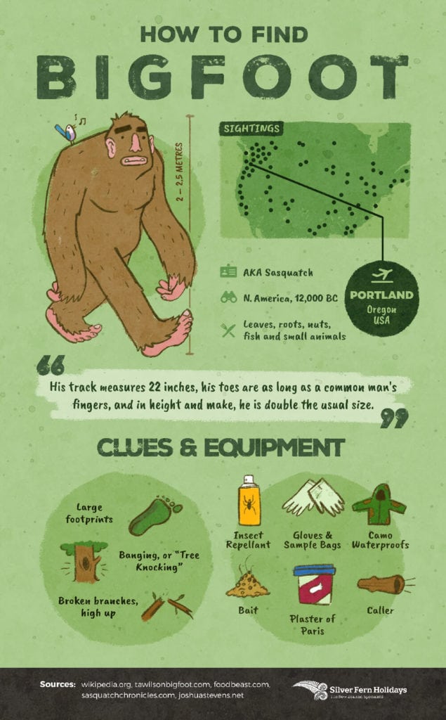 A flash card depicting an illustration of bigfoot with a map of where to find him, and what to pack and look for