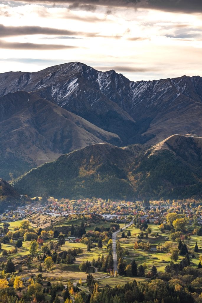 Aerial view of Arrowtown looking out towards the mountains