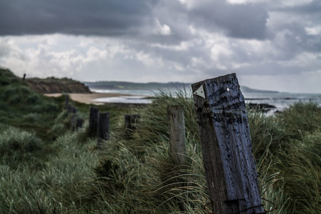 Looking out over the sand dunes towards a stormy sky but still seas