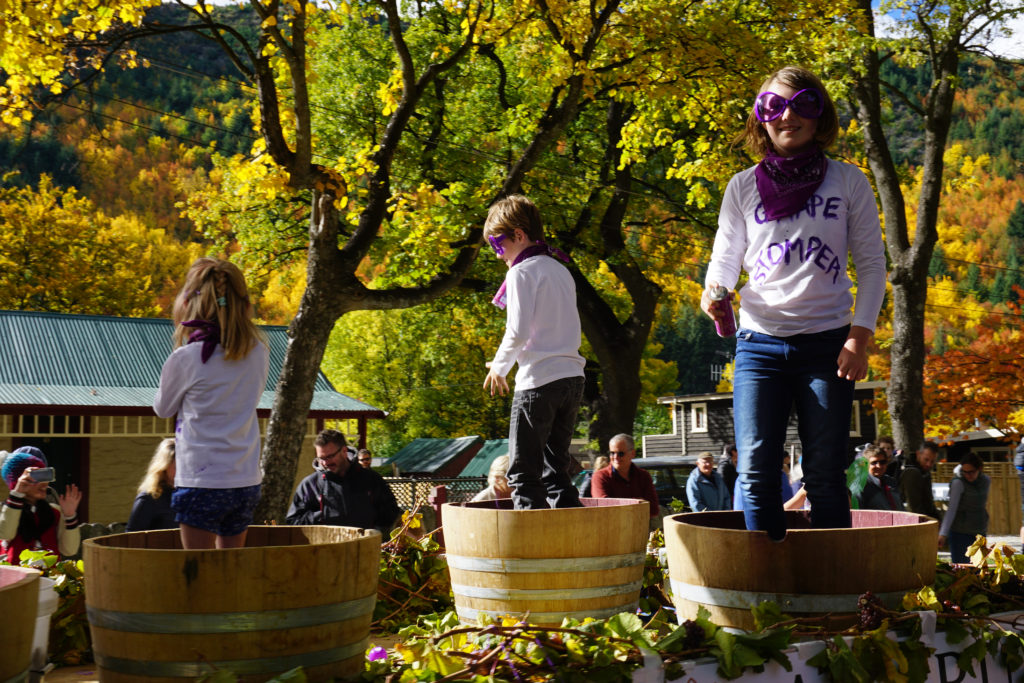 Children "grape stomping" at the Arrowtown Autumn Festival - Silver fern Holidays