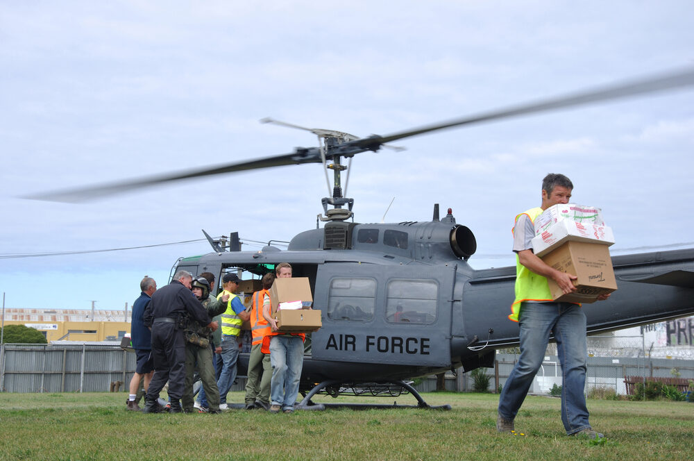 Relief workers delivering supplies to the worst affected areas of Christchurch after the 2011 earthquake